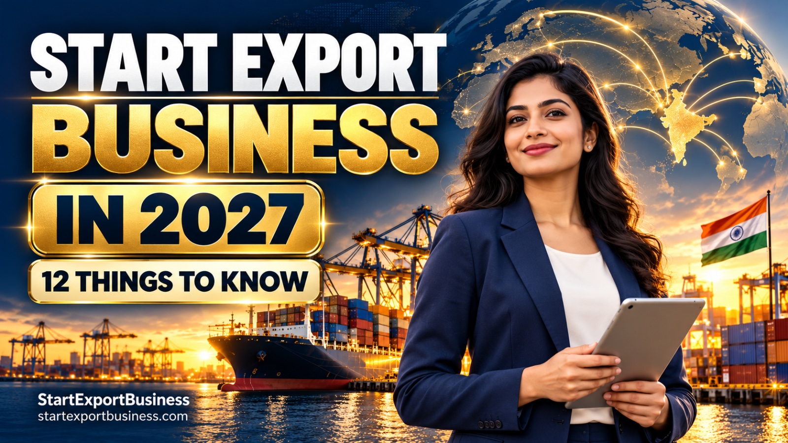 Indian businesswoman with a cargo ship and export products beside the headline Start Export Business in 2027